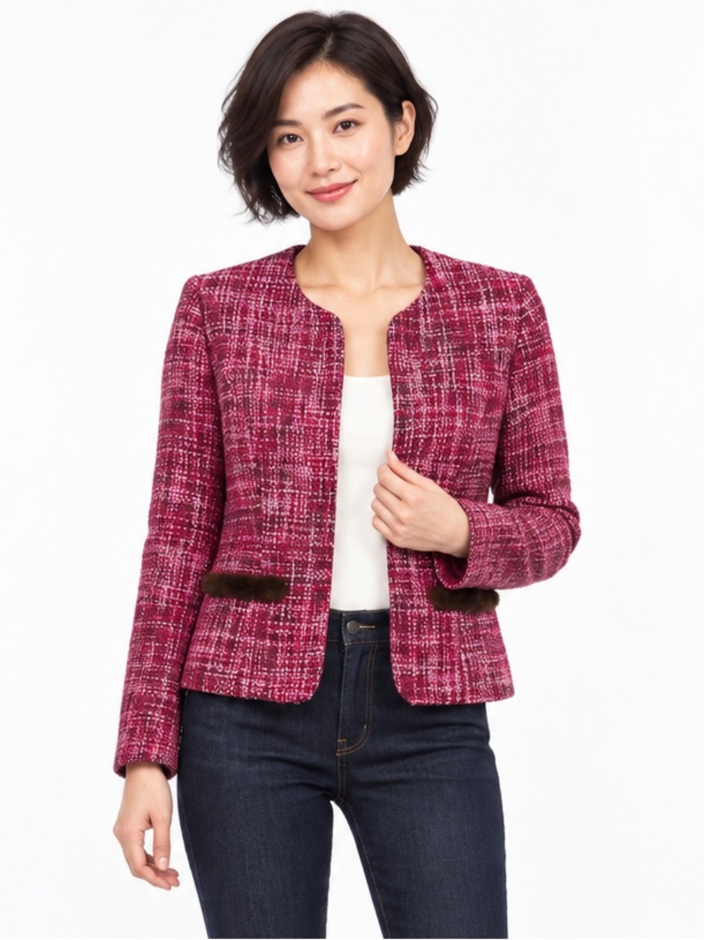Vintage Y2K ABR New York Blazer Size 2P Pink Tweed Jacket Brown Trim